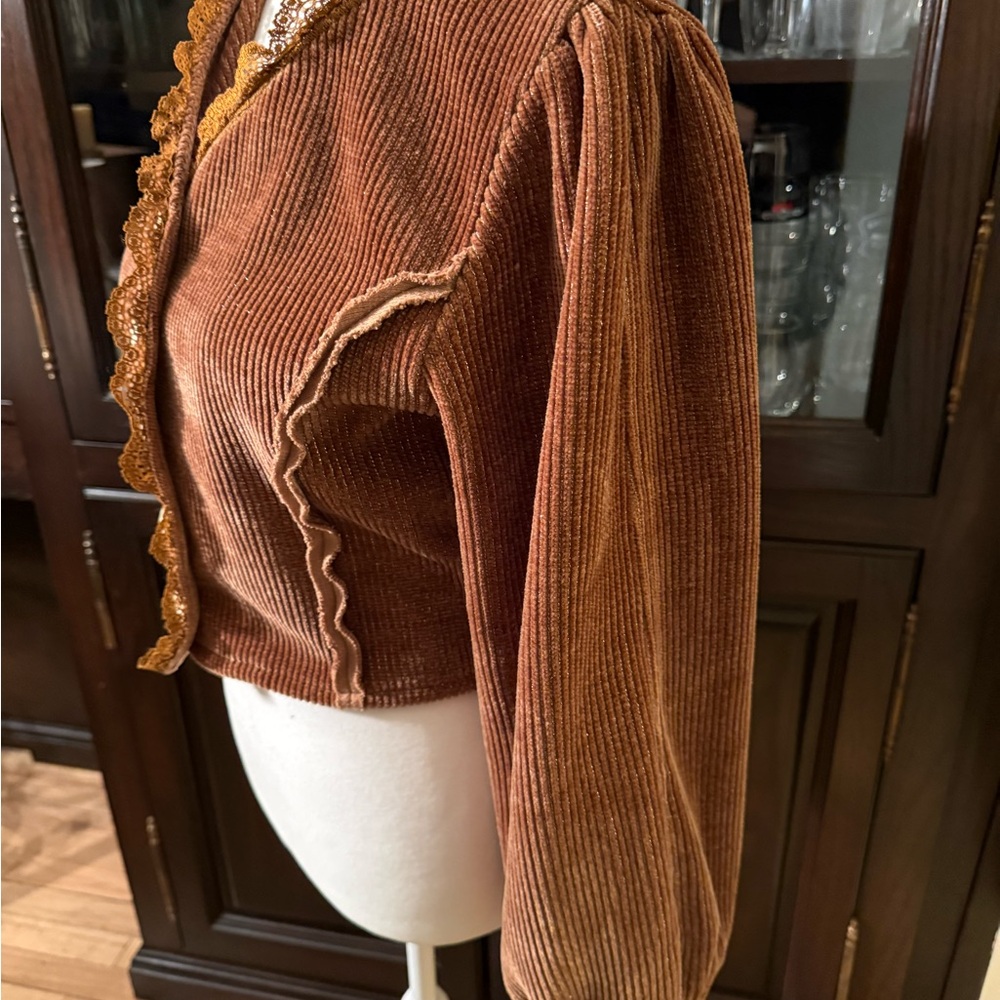 Pol Light Brown Corduroy Ballon Sleeve Crop Jacket With Gold Threading Size S View 4